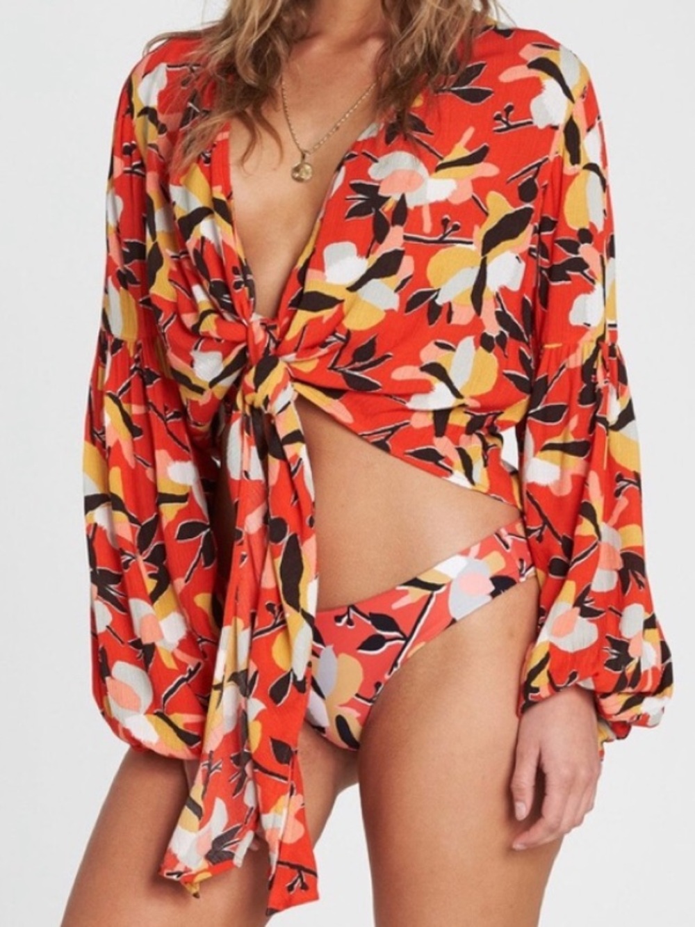 Billabong Orange Floral Tie-Front Blouse Top